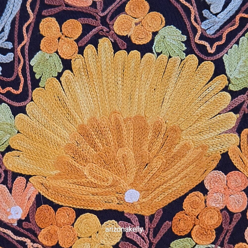 NWOT Wool Scarf with Chain Stitch Embroidery Purple Orange. - Picture 7 of 15
